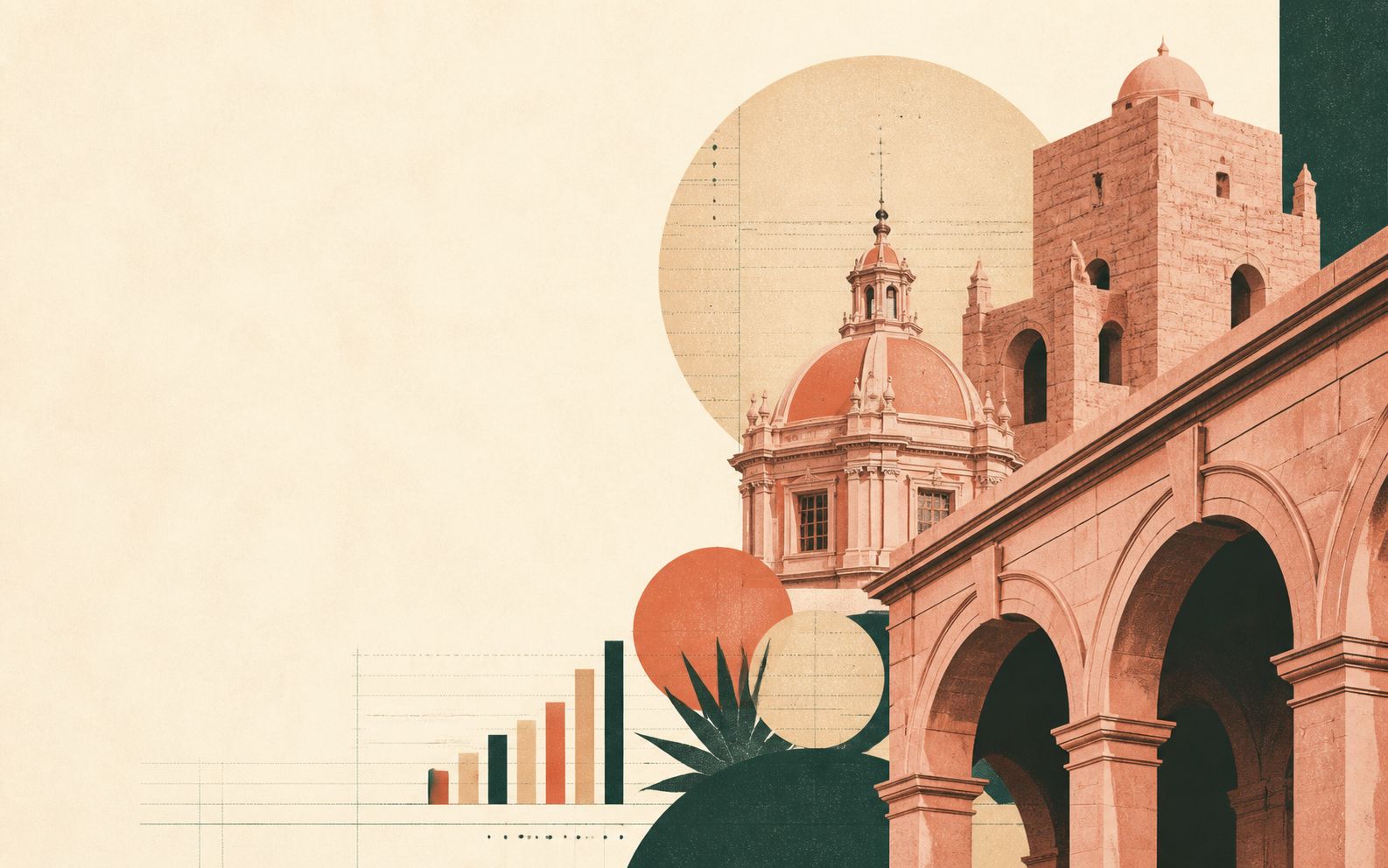 Ilustración editorial de arquitectura de cantera y gráficas contables inspirada en San Luis Potosí